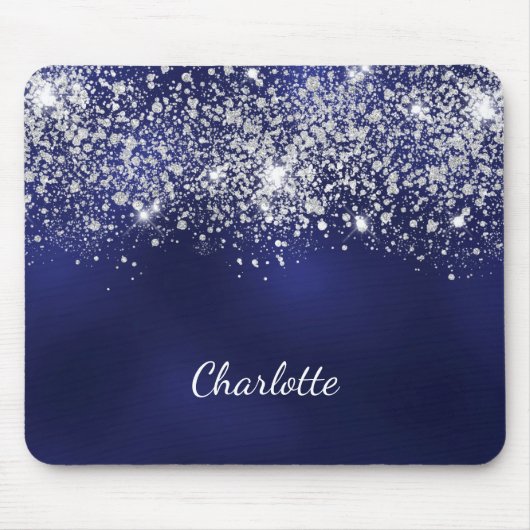 Navy blue silver glitter monogram name script mousepad (Vorne)
