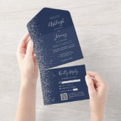 Navy Blue Silver Glitter QR Code Wedding All In One Einladung (Abreißen)