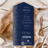 Navy Blue Silver Glitter QR Code Wedding All In One Einladung
