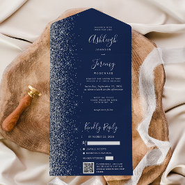 Navy Blue Silver Glitter QR Code Wedding All In One Einladung