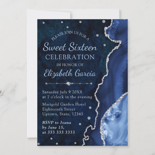 Navy Blue & Silver Glitzer Agate Marmor Sweet 16 Einladung (Vorderseite)