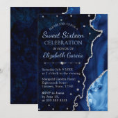Navy Blue & Silver Glitzer Agate Marmor Sweet 16 Einladung (Vorne/Hinten)