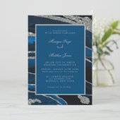 Navy Blue & Silver Glitzer Agate Wedding Einladung (Stehend Vorderseite)