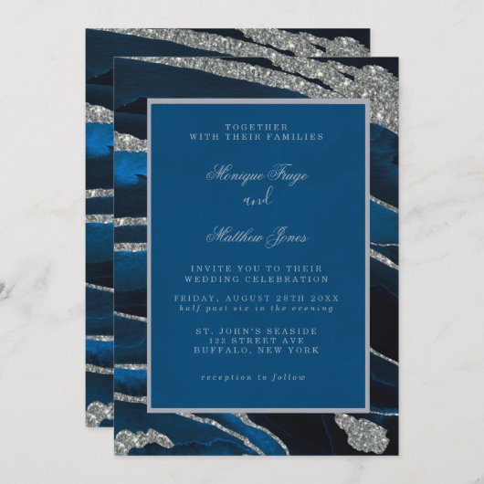 Navy Blue & Silver Glitzer Agate Wedding Einladung (Vorne/Hinten)