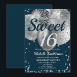 Navy Blue Silver Glitzer Ballon Sweet 16 Geburtsta Karte<br><div class="desc">Elegantes Marineblau mit silberfarbenem Glitzer und Silberballons 16. Geburtstagsfeier Einladung für Teenager. Akzent mit Leopardenprint und Diamant-Glitzer. Kontaktieren Sie uns für Hilfe bei der Anpassung oder um passende Produkte anzufordern.</div>