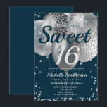 Navy Blue Silver Glitzer Ballon Sweet 16 Geburtsta Karte<br><div class="desc">Elegantes Marineblau mit silberfarbenem Glitzer und Silberballons 16. Geburtstagsfeier Einladung für Teenager. Akzent mit Leopardenprint und Diamant-Glitzer. Kontaktieren Sie uns für Hilfe bei der Anpassung oder um passende Produkte anzufordern.</div>