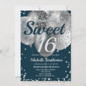 Navy Blue Silver Glitzer Ballon Sweet 16 Geburtsta Karte (Vorderseite)