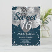Navy Blue Silver Glitzer Ballon Sweet 16 Geburtsta Karte (Stehend Vorderseite)