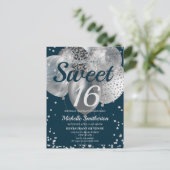 Navy Blue Silver Glitzer Balloons Sweet 16 Postkarte (Stehend Vorderseite)
