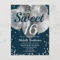 Navy Blue Silver Glitzer Balloons Sweet 16