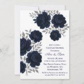 Navy Blue & Silver Glitzer Blätter Paare Dusche Einladung (Vorderseite)