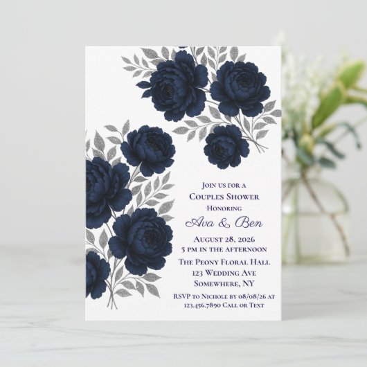 Navy Blue & Silver Glitzer Blätter Paare Dusche Einladung (Stehend Vorderseite)