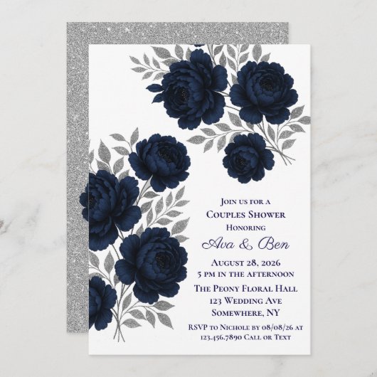 Navy Blue & Silver Glitzer Blätter Paare Dusche Einladung (Vorne/Hinten)