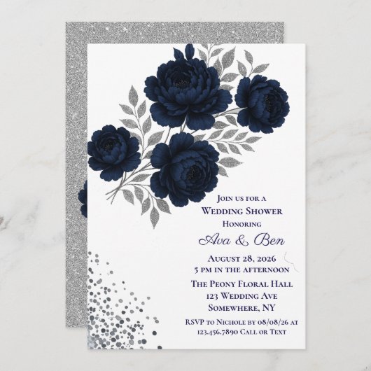 Navy Blue & Silver Glitzer Blätter Polterabend Einladung (Vorne/Hinten)