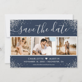 Navy Blue Silver Glitzer Confetti Wedding 4 Foto Save The Date