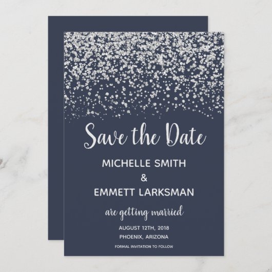 Navy Blue Silver Glitzer Elegant Einladung (Vorne/Hinten)