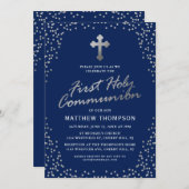 Navy Blue Silver Glitzer Erste Heilige Kommune Einladung (Vorne/Hinten)