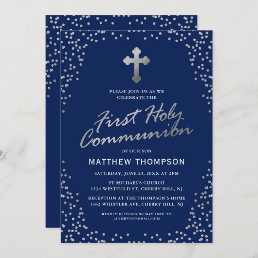 Navy Blue Silver Glitzer Erste Heilige Kommune Einladung (Vorne/Hinten)