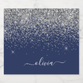 Navy Blue Silver Glitzer Girl Monogram Name Alkoholflaschenetikett (Einzelnes Label)