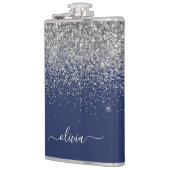 Navy Blue Silver Glitzer Girl Monogram Name Flachmann (Links)