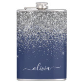 Navy Blue Silver Glitzer Girl Monogram Name Flachmann (Vorderseite)