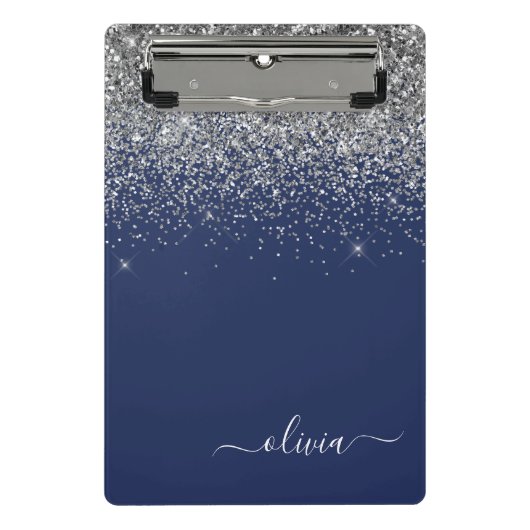 Navy Blue Silver Glitzer Girl Monogram Name Mini Klemmbrett (Vorderseite)