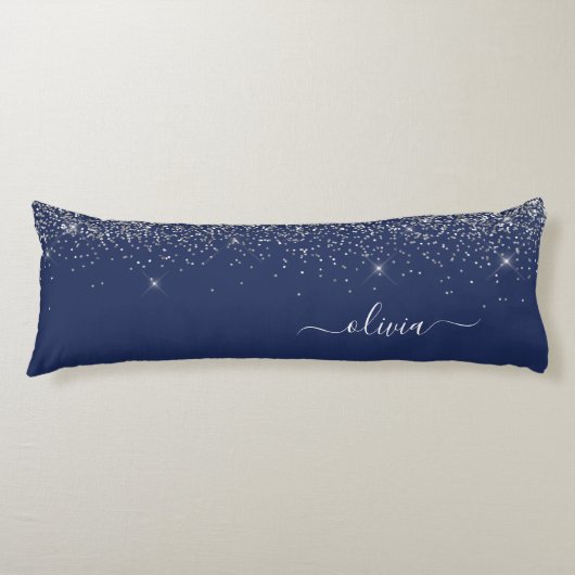 Navy Blue Silver Glitzer Girl Monogram Name Seitenschläferkissen (Vorderseite)