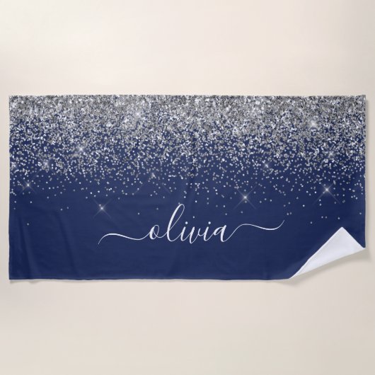 Navy Blue Silver Glitzer Girl Monogram Name Strandtuch (Vorderseite)