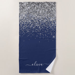 Navy Blue Silver Glitzer Girl Monogram Name Strandtuch
