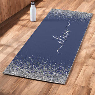 Navy Blue Silver Glitzer Girly Monogram Fitness Yogamatte
