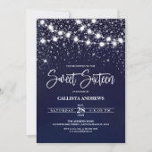 Navy Blue Silver Glitzer Glitzern Lights Sweet 16 Einladung (Vorderseite)