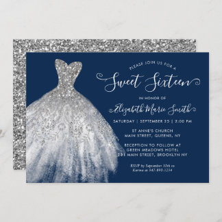 Navy Blue Silver Glitzer Kleid Sweet 16 Geburtstag Einladung