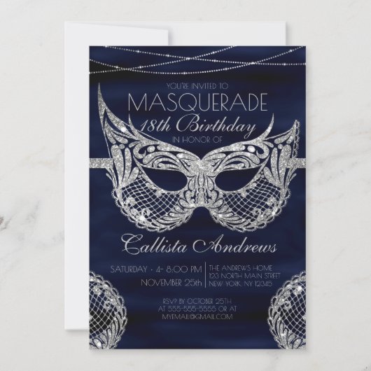 Navy Blue Silver Glitzer Lace Masquerade Geburtsta Einladung (Vorderseite)