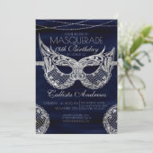 Navy Blue Silver Glitzer Lace Masquerade Geburtsta Einladung (Stehend Vorderseite)
