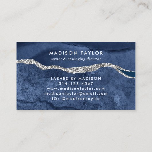Navy Blue Silver Glitzer Marble Agate Monogram Visitenkarte (Rückseite)