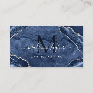 Navy Blue Silver Glitzer Marble Agate Monogram Visitenkarte