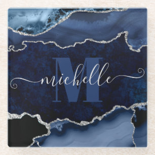 Navy Blue & Silver Glitzer Marbour Agate Monogram Glasuntersetzer