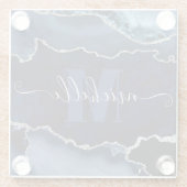 Navy Blue & Silver Glitzer Marbour Agate Monogram Glasuntersetzer (Rückseite)