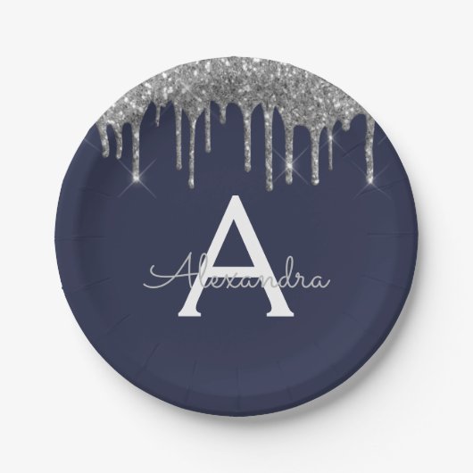 Navy Blue Silver Glitzer Monogram Birthday Pappteller (Vorderseite)