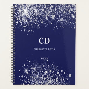 Navy Blue Silver Glitzer Monogramm Name 2023 Planer