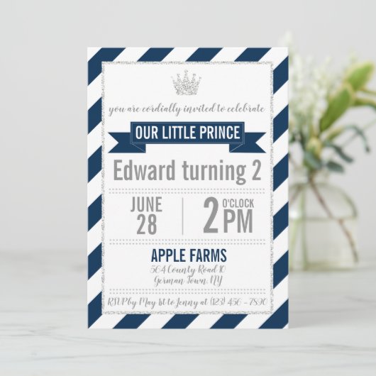 Navy Blue Silver Glitzer Prince Birthday Einladung (Stehend Vorderseite)