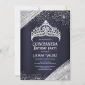 Navy Blue Silver Glitzer Princess Tiara Quinceañer Einladung (Vorderseite)