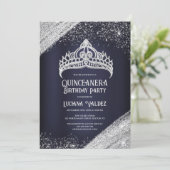 Navy Blue Silver Glitzer Princess Tiara Quinceañer Einladung (Stehend Vorderseite)