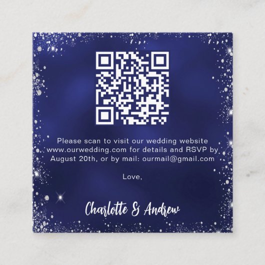 Navy Blue Silver Glitzer QR Code Hochzeit RSVP Begleitkarte (Vorderseite)