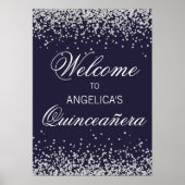 Navy Blue Silver Glitzer Quinceañera Willkommen Poster (Vorne)