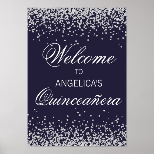 Navy Blue Silver Glitzer Quinceañera Willkommen Poster (Vorne)