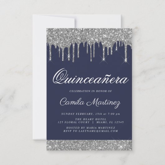 Navy Blue Silver Glitzer Quinceñera Celebration Einladung (Vorderseite)