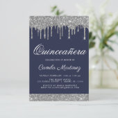Navy Blue Silver Glitzer Quinceñera Celebration Einladung (Stehend Vorderseite)