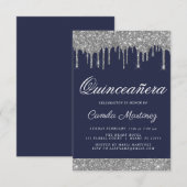 Navy Blue Silver Glitzer Quinceñera Celebration Einladung (Vorne/Hinten)