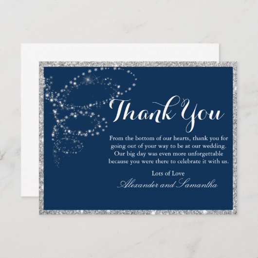 Navy Blue Silver Glitzer Snowflake Danke Karte (Vorne/Hinten)
